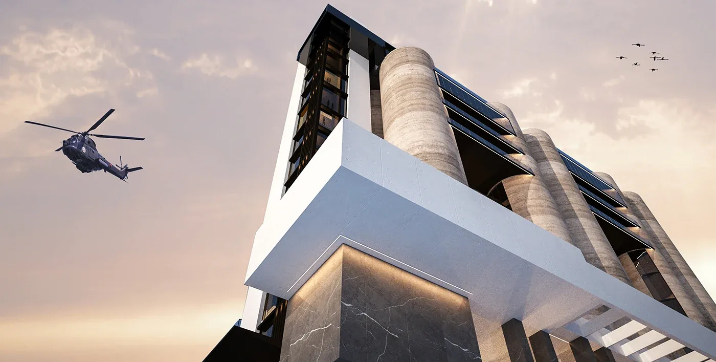 Hospitality project in Cagliari — Silos Hotel, exterior overview, designed by Gatti/Piu